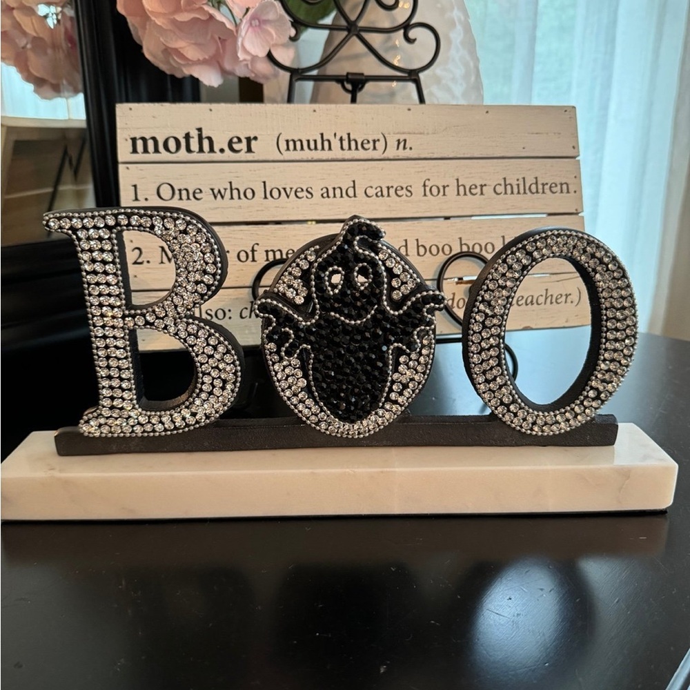 HALLOW HOME BOO Halloween Rhinestones Ghost BOO Marble Sign Prop Tabletop Decor